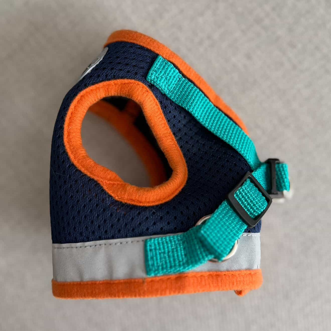 Cat harness with orange and teal accents on a textured surface