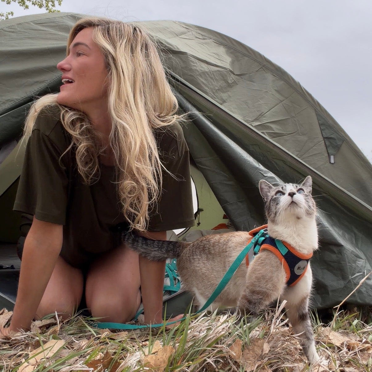 Woman kneeling next to a cat on a leash near a tent outdoors